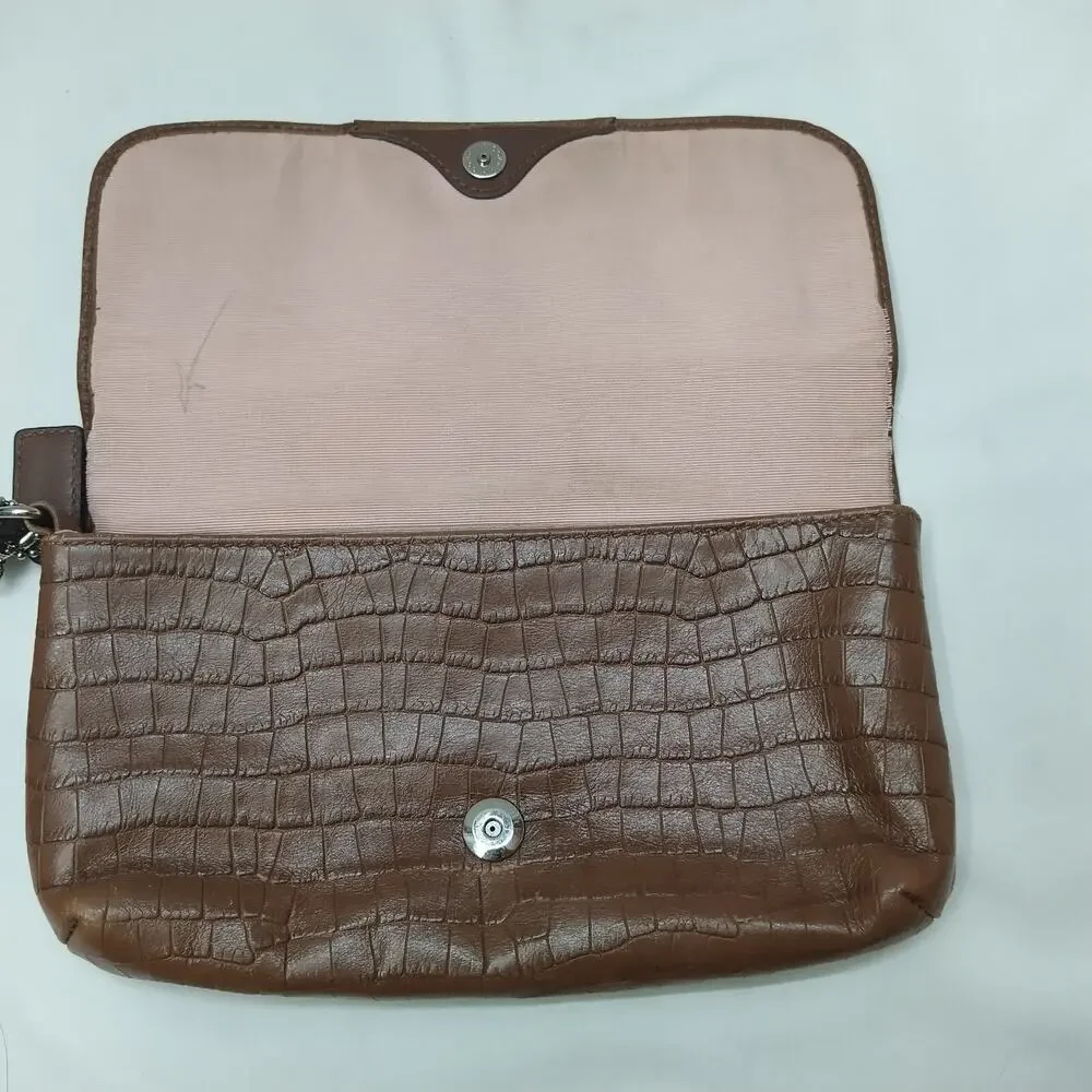 Coach Asley Brown Leather Snakeskin Embossed Flap Closure Wristlet Wallet